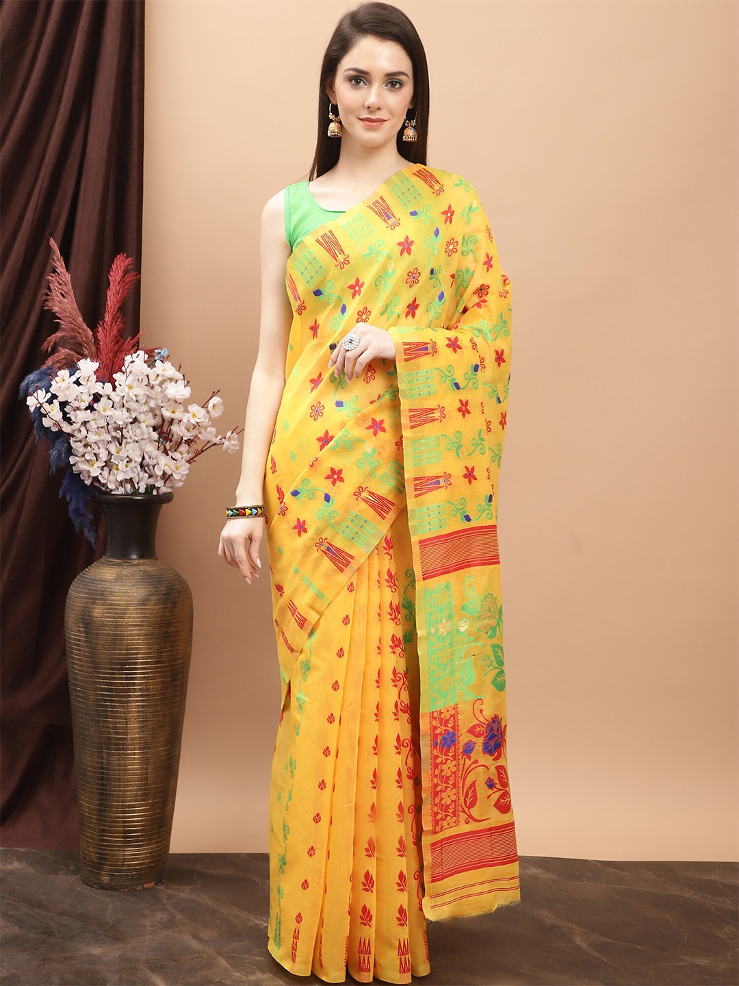 

KALINI Ethnic Motifs Woven Design Pure Cotton Jamdani Saree, Yellow