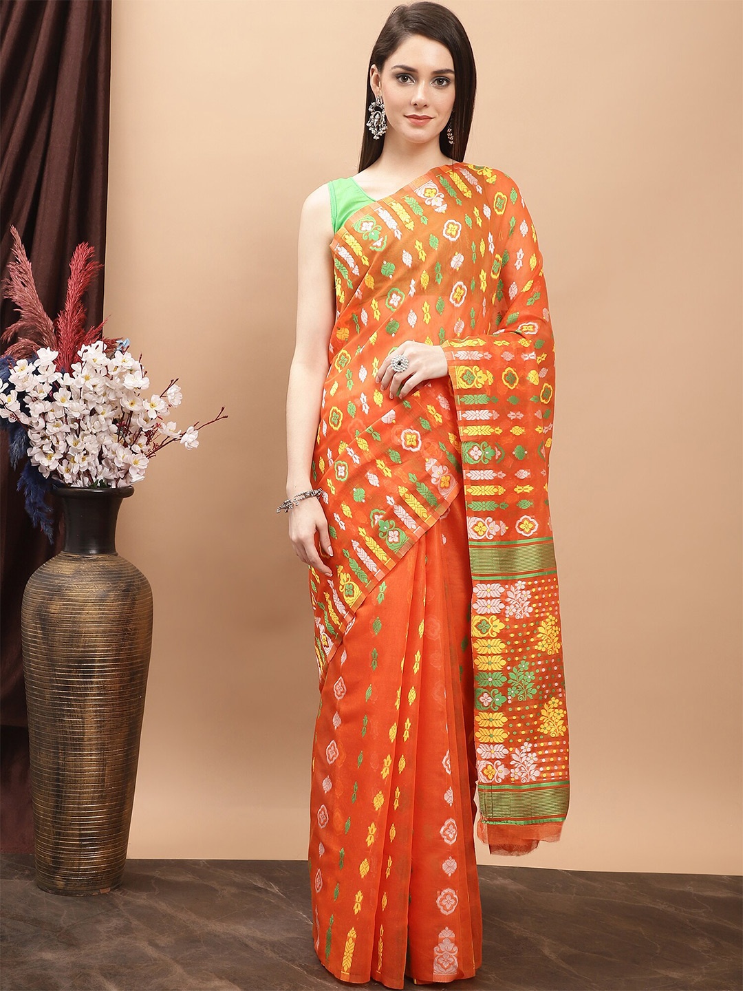 

KALINI Woven Design Pure Cotton Jamdani Saree, Orange
