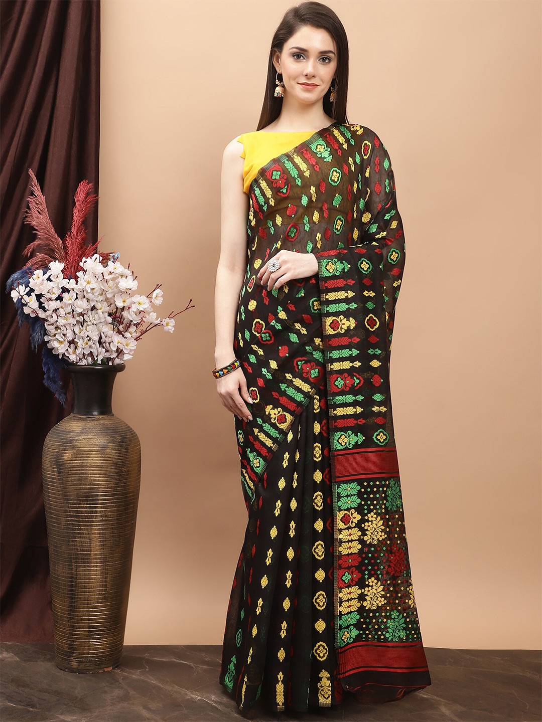 

KALINI Ethnic Motifs Woven Design Pure Cotton Jamdani Saree, Black
