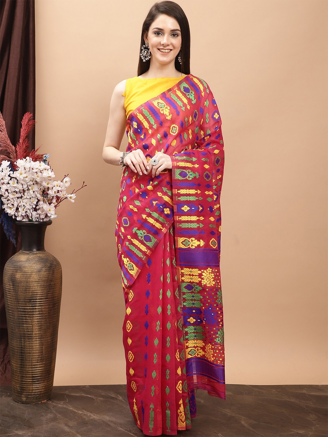 

KALINI Floral Woven Design Pure Cotton Jamdani Saree, Pink