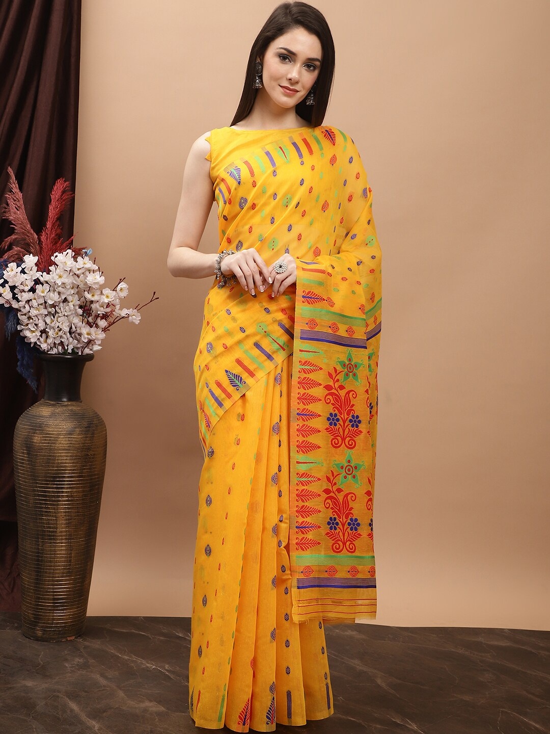 

KALINI Ethnic Motifs Woven Design Pure Cotton Jamdani Saree, Yellow