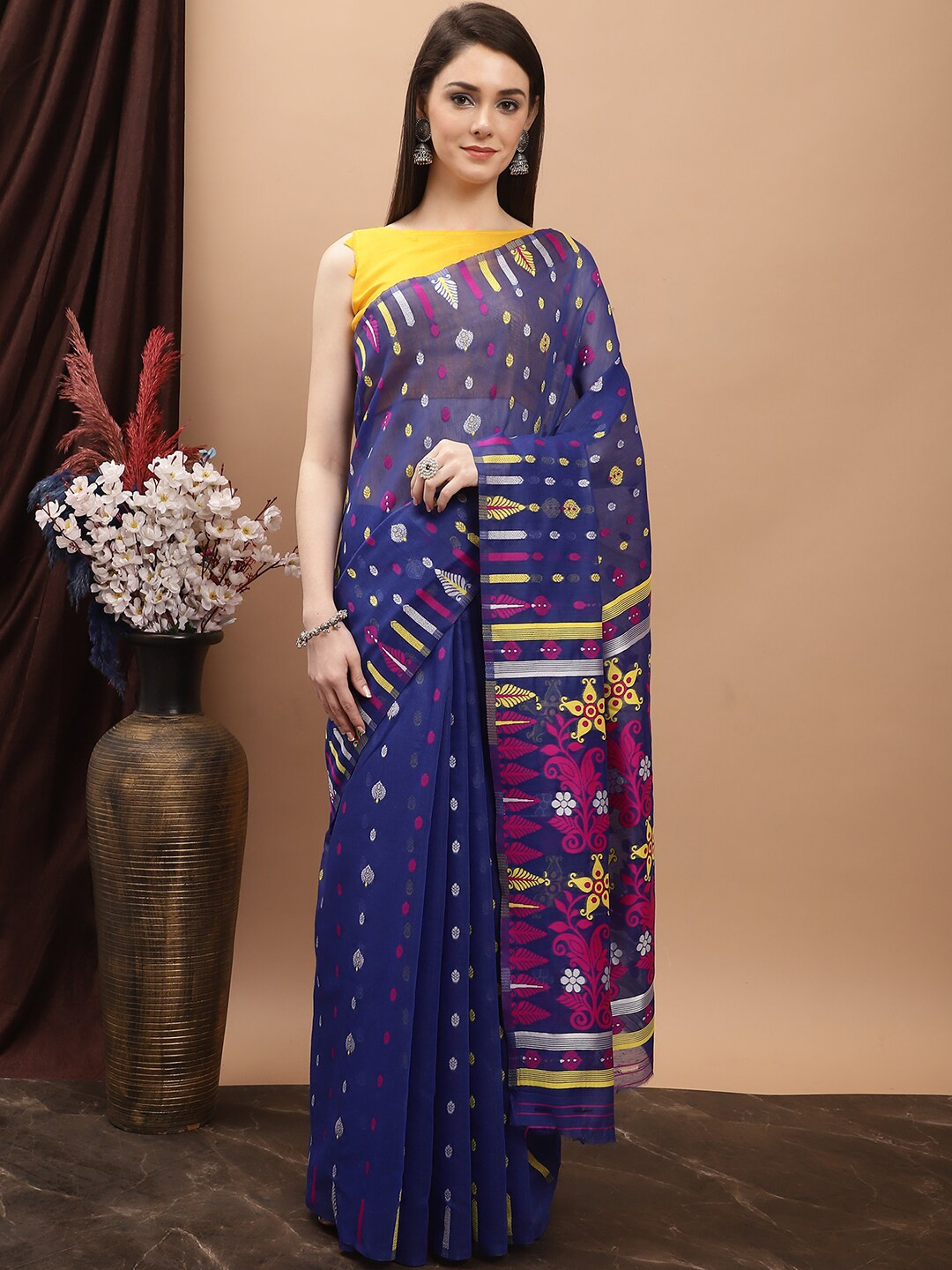 

KALINI Ethnic Motifs Woven Design Pure Cotton Jamdani Saree, Blue