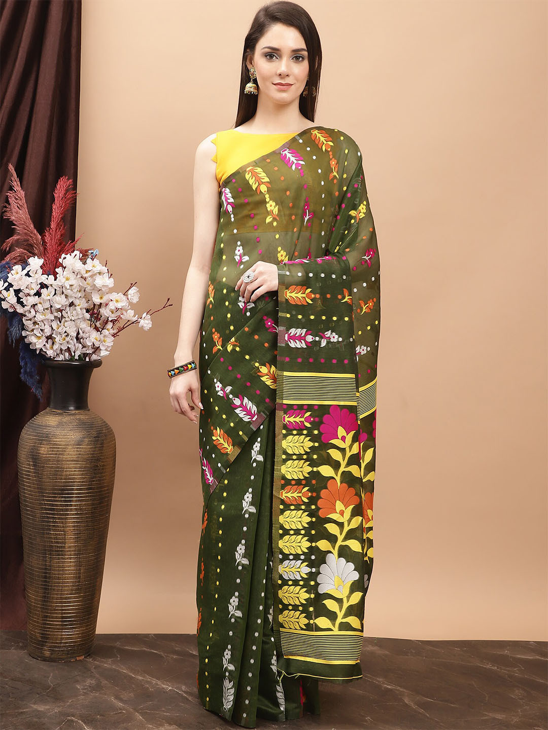 

KALINI Ethnic Motifs Woven Design Pure Cotton Jamdani Saree, Green