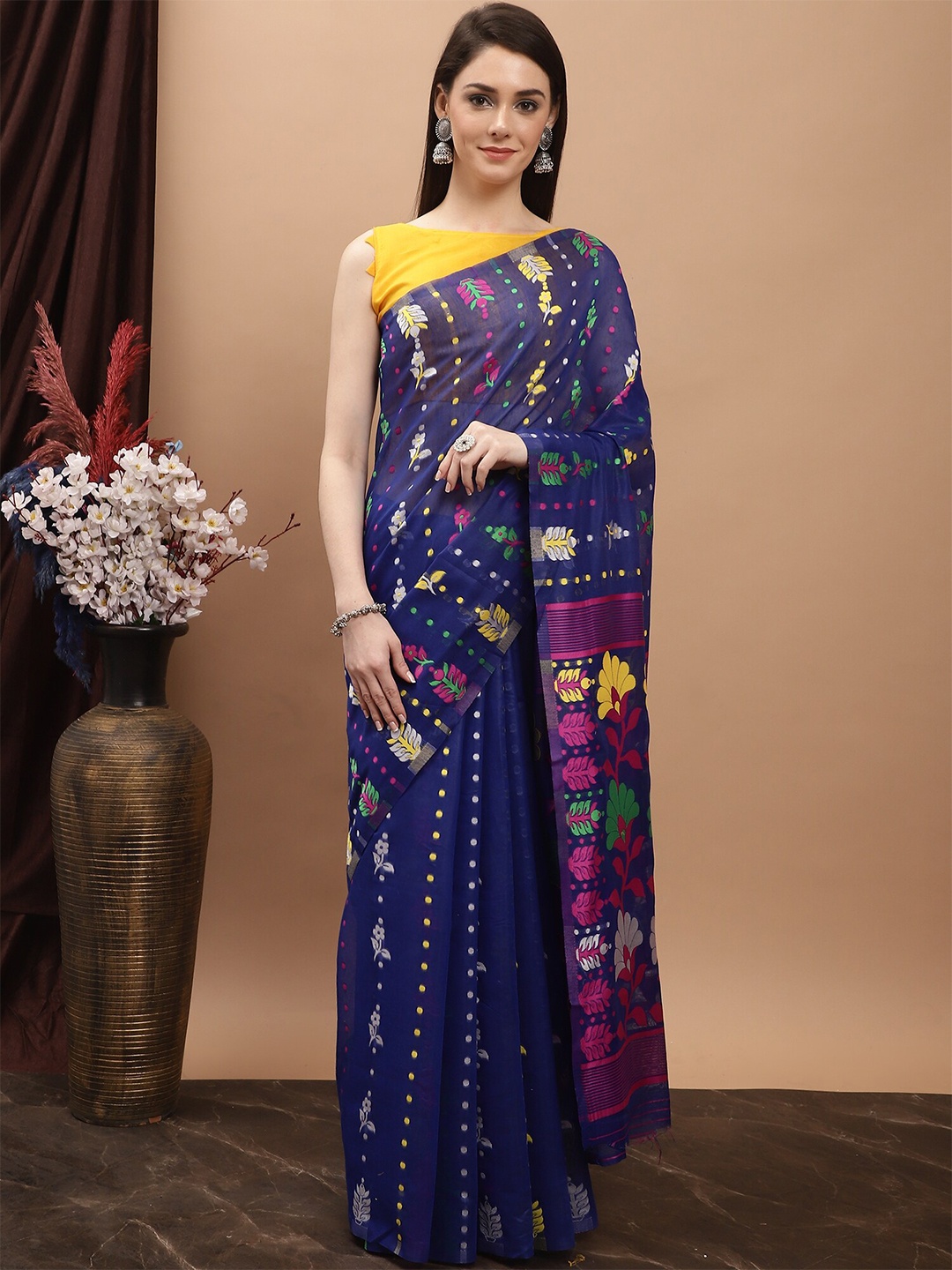 

KALINI Ethnic Motif Pure Cotton Jamdani Saree, Blue