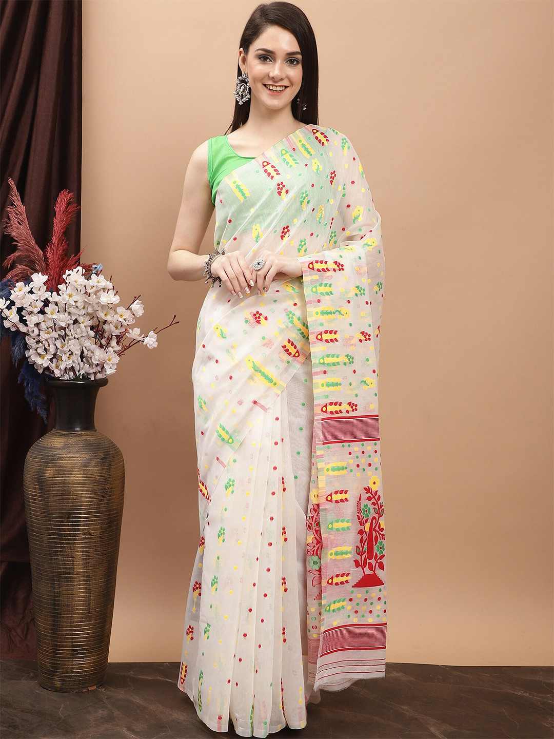 

KALINI Woven Design Pure Cotton Jamdani Saree, White