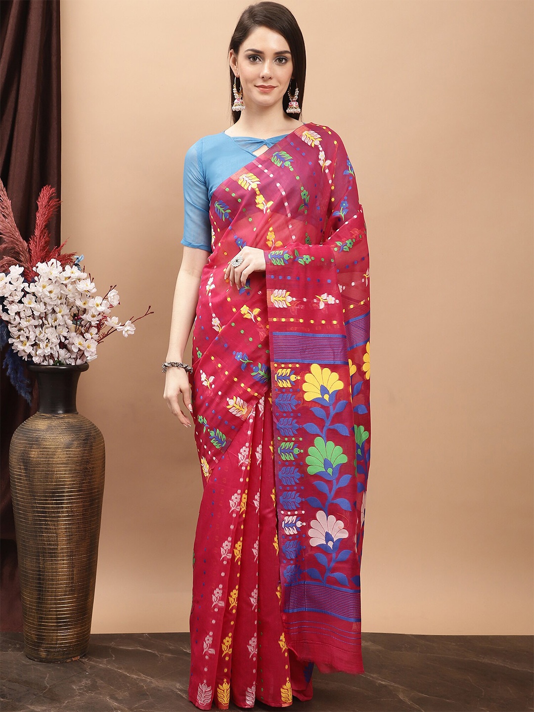 

KALINI Ethnic Motifs Woven Design Pure Cotton Jamdani Saree, Pink