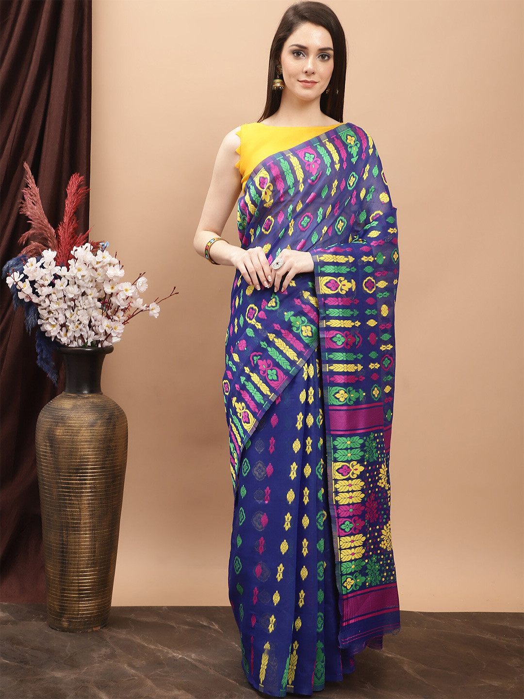 

KALINI Ethnic Motif Pure Cotton Jamdani Saree, Blue