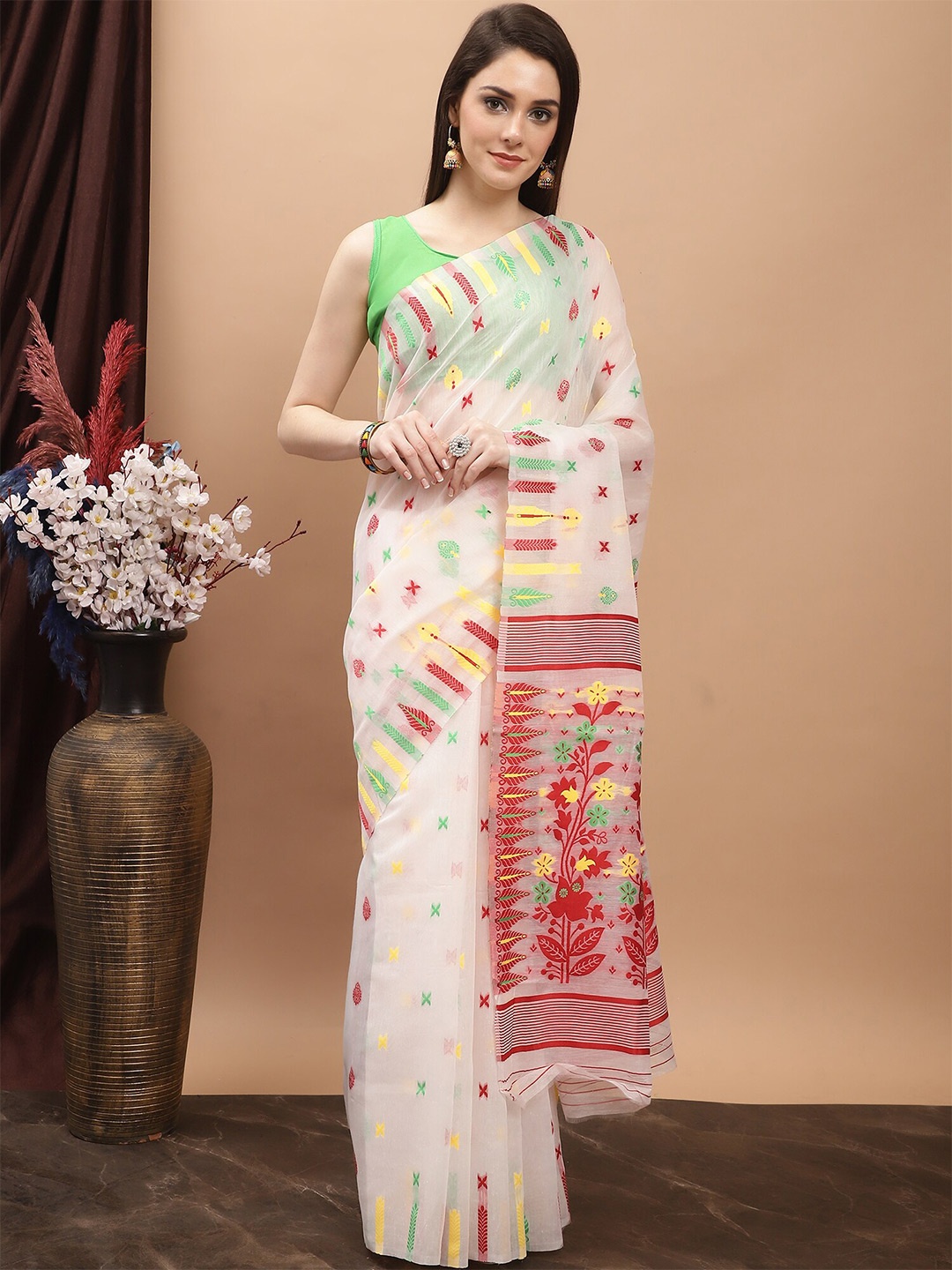 

KALINI Woven Design Pure Cotton Jamdani Saree, White