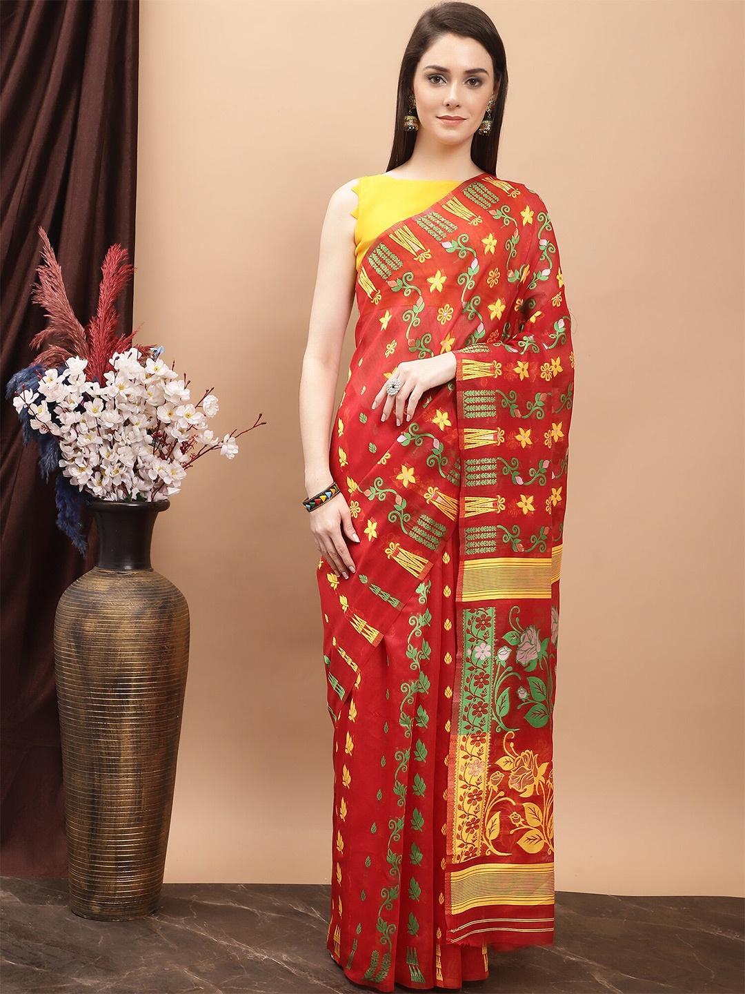 

KALINI Floral Woven Design Pure Cotton Jamdani Saree, Red
