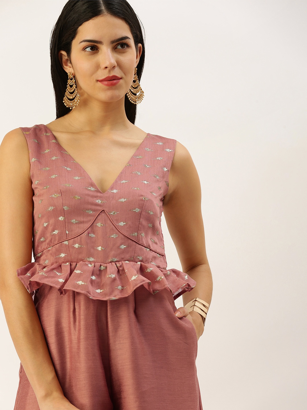 

Ethnovog Foil Printed Culotte Ethnic Jumpsuit with Ruffles, Peach