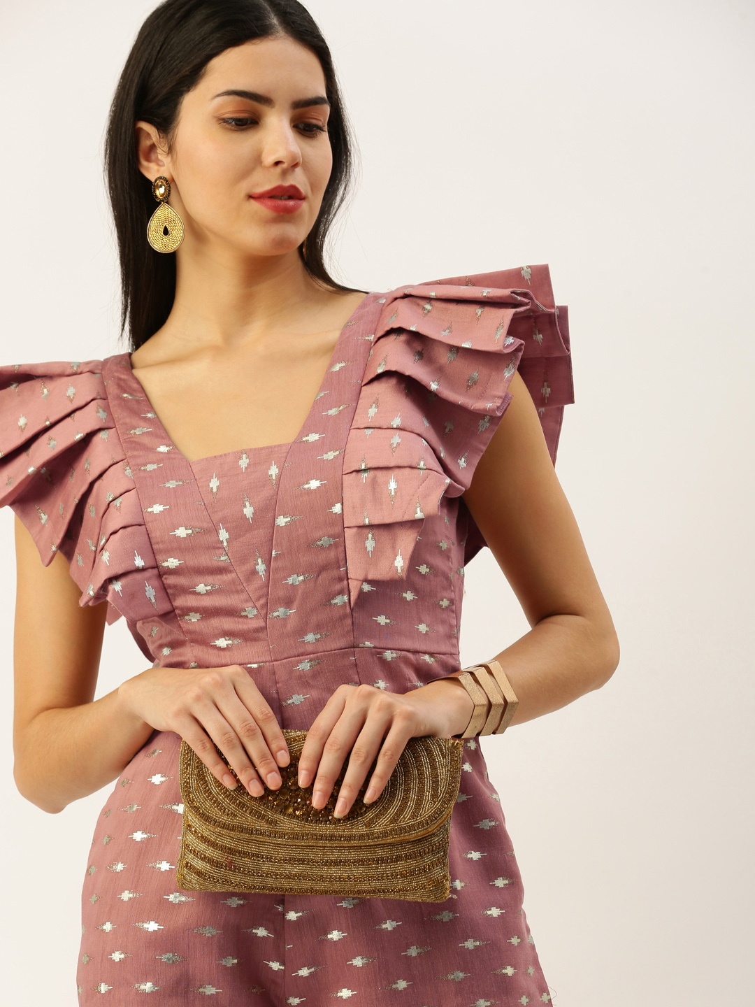 

Ethnovog Foil Printed Flutter Sleeves Culotte Ethnic Jumpsuit, Pink