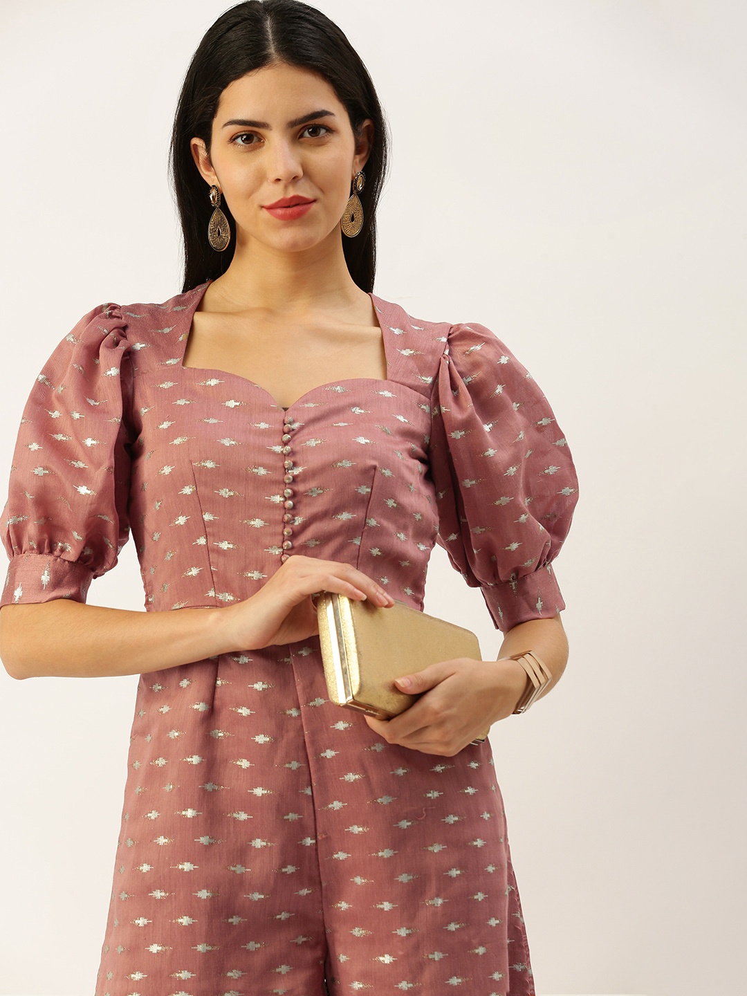 

Ethnovog Sweetheart Neck Puff Sleeves Printed Culotte Jumpsuit, Pink