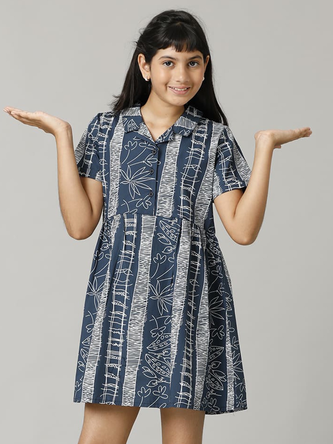 

UNDER FOURTEEN ONLY Girls Floral Printed Cotton A-Line Mini Dress, Blue