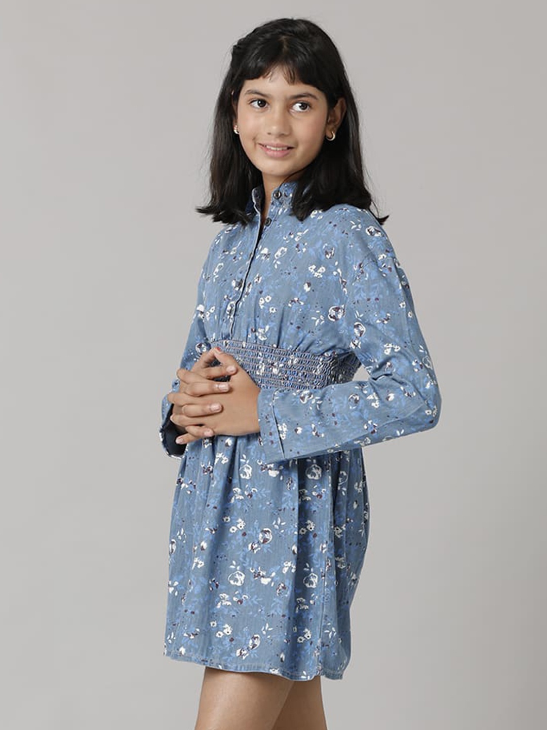 

UNDER FOURTEEN ONLY Blue Floral Print Denim Fit & Flare Dress