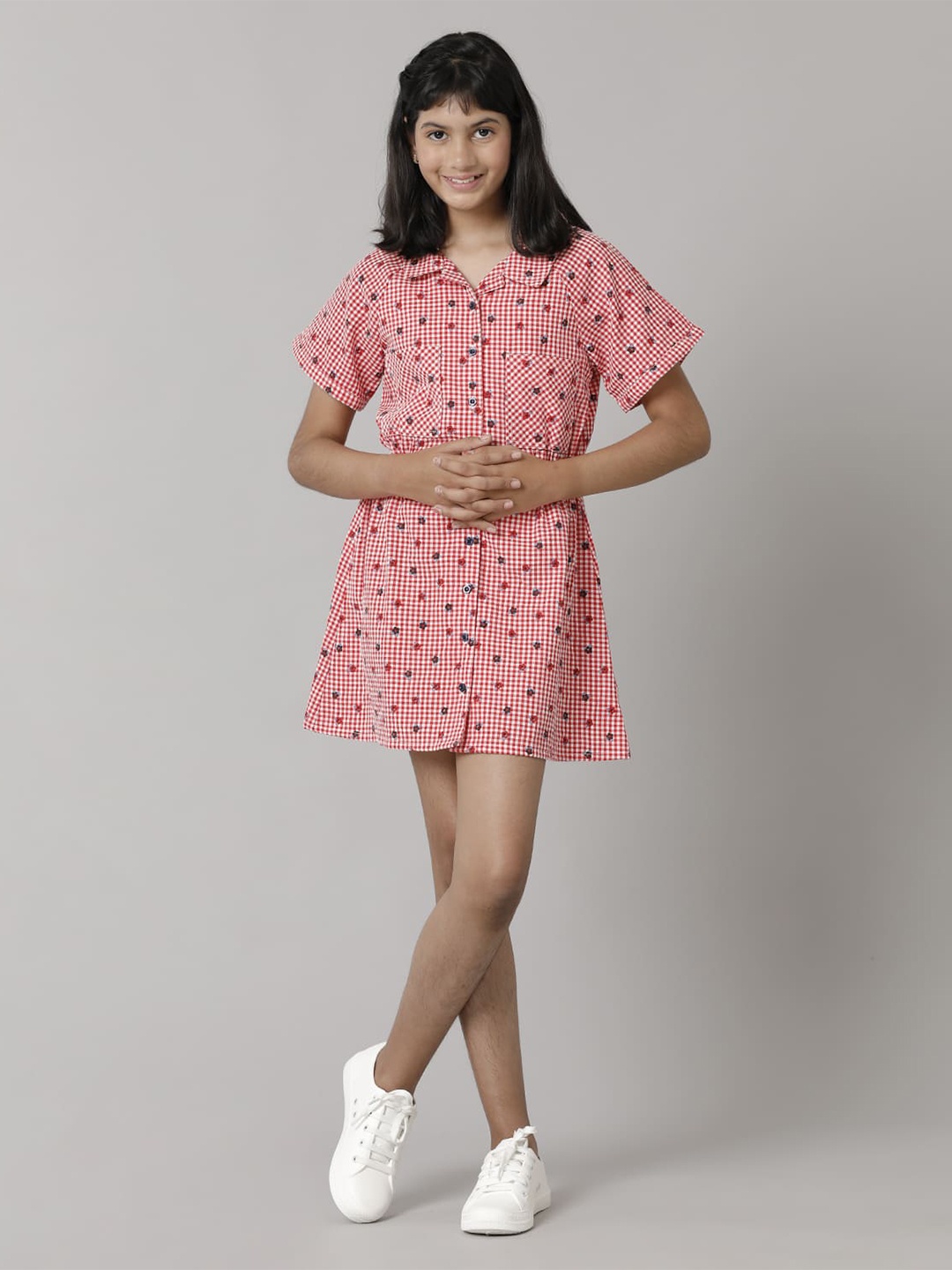 

UNDER FOURTEEN ONLY Girls Checked Cotton A-Line Mini Dress, Red
