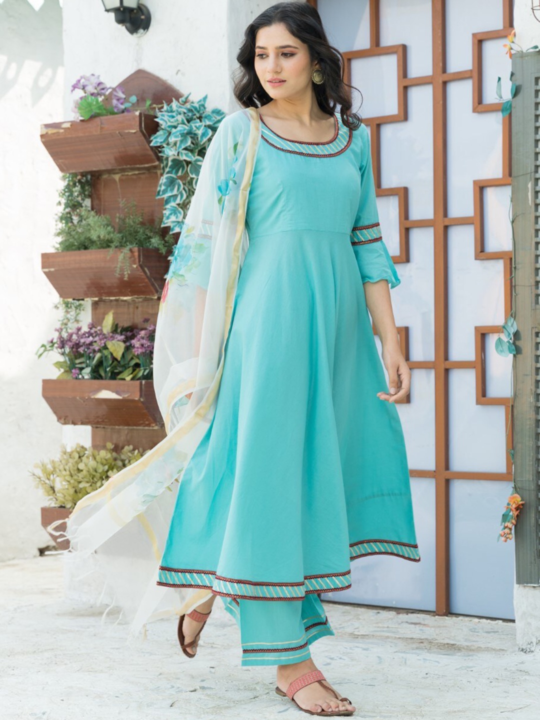 

PHEETA A-Line Pure Cotton Kurta & Palazzos With Dupatta, Blue