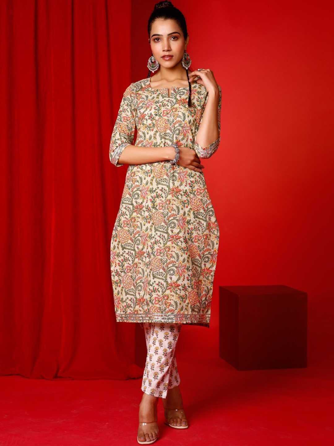 

PHEETA Floral Printed Straight Pure Cotton Kurta With Trousers, Pink