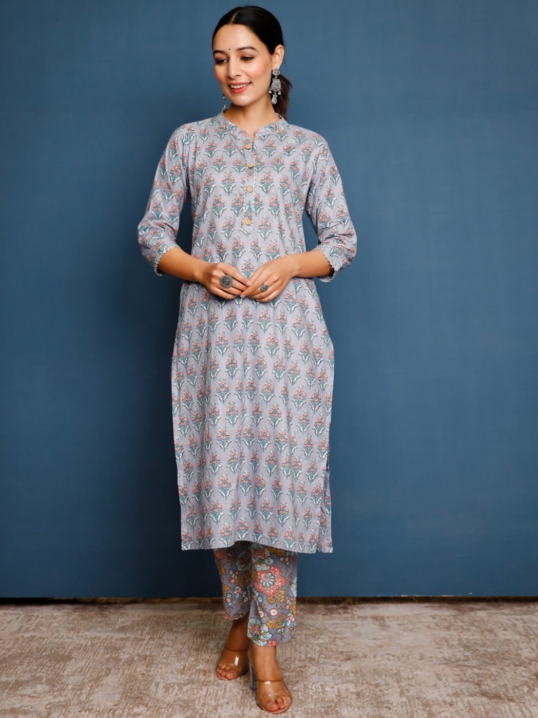 

PHEETA Ethnic Motifs Printed Pure Cotton Kurta With Trousers, Grey