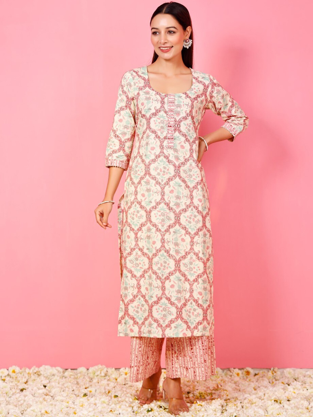 

PHEETA Ethnic Motifs Printed Pure Cotton Straight Kurta with Palazzos, Cream