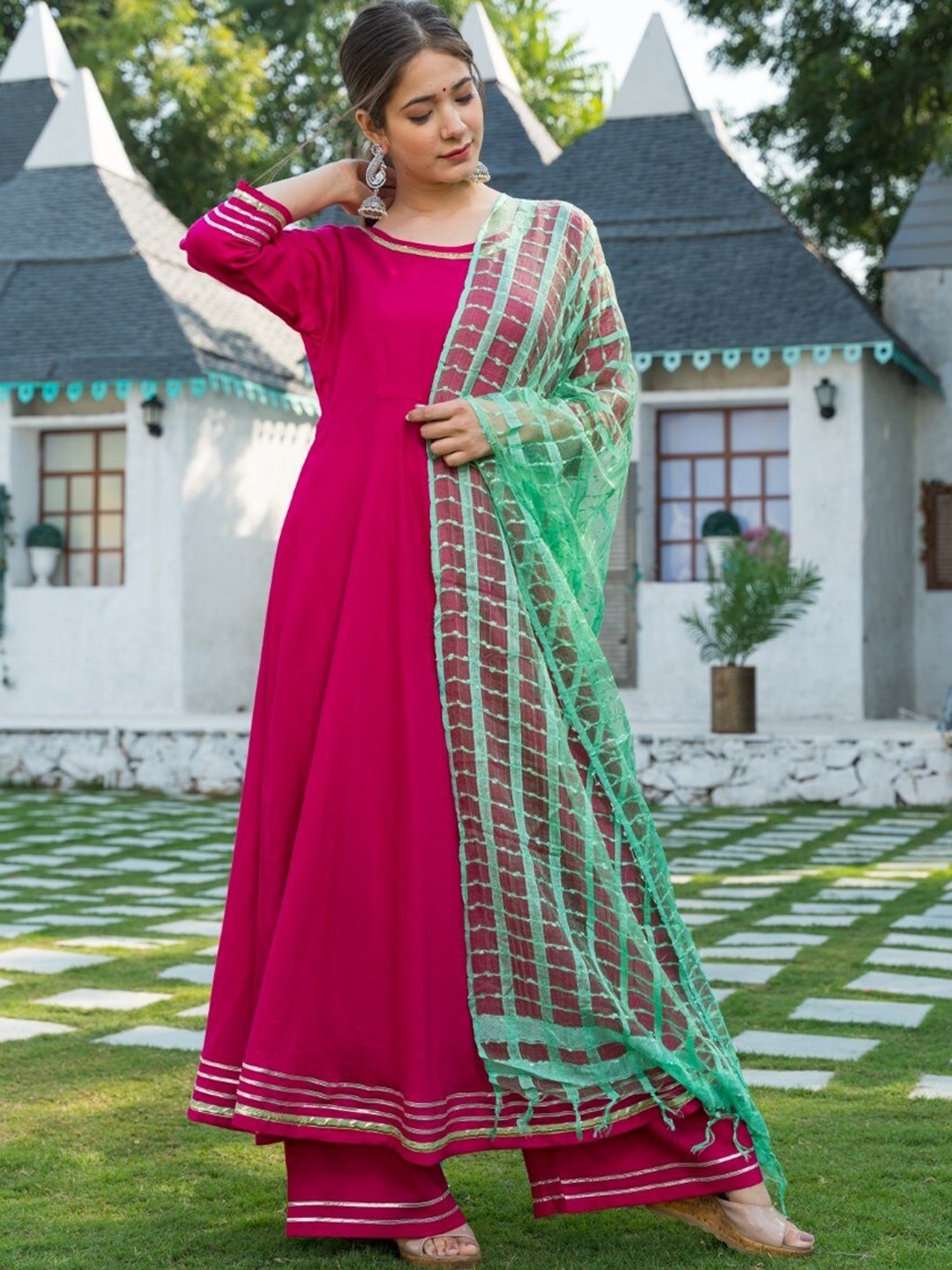 

PHEETA Gotta Patti Detail Pure Cotton Kurta & Palazzos With Dupatta, Magenta