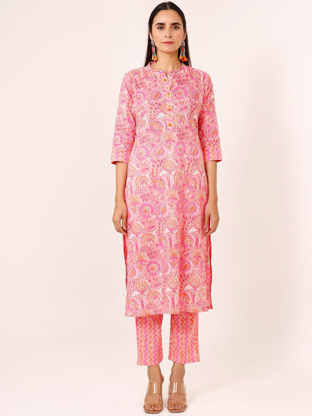 

PHEETA Floral Printed Pure Cotton Straight Kurta with Trousers, Pink