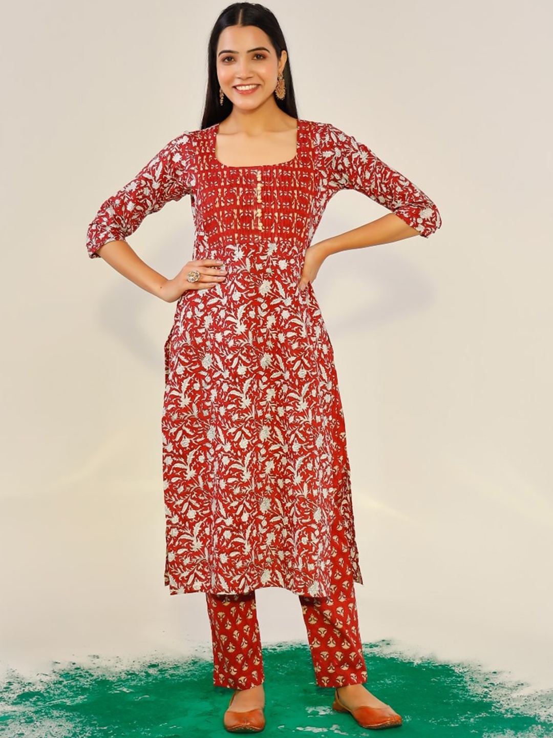 

PHEETA Floral Printed Pure Cotton Straight Kurta with Trousers, Red