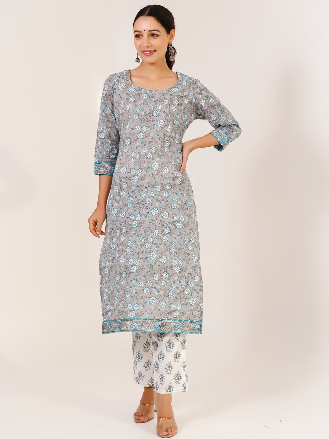 

PHEETA Floral Printed Pure Cotton Straight Kurta with Trousers, Grey