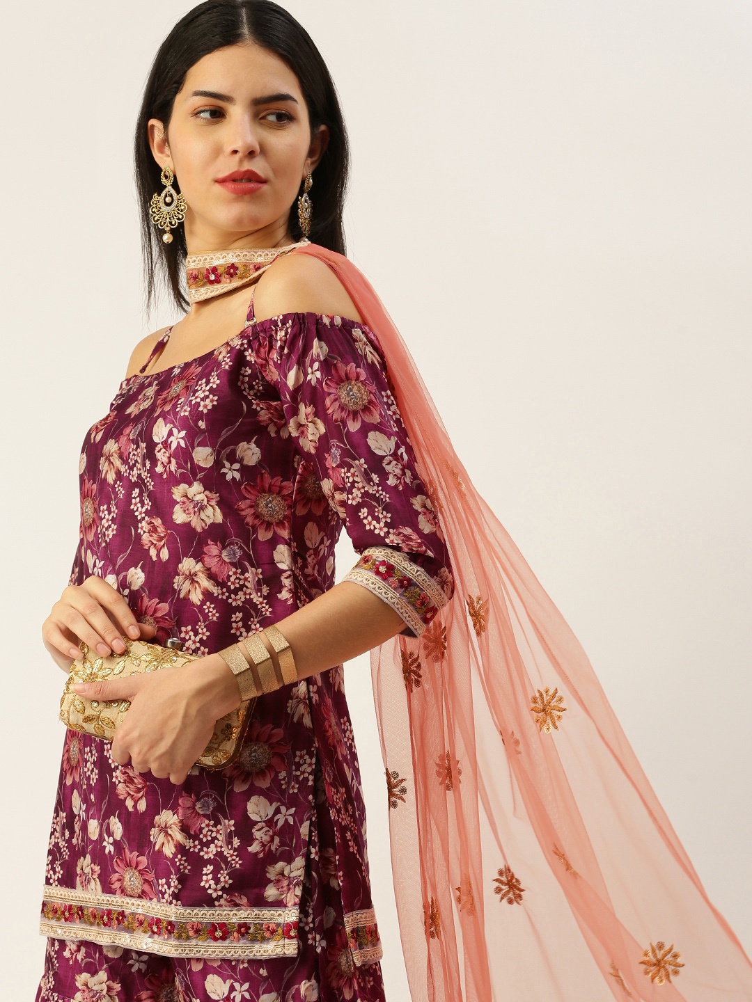 

Ethnovog Floral Printed Regular Sequinned Kurti with Sharara & Dupatta, Maroon