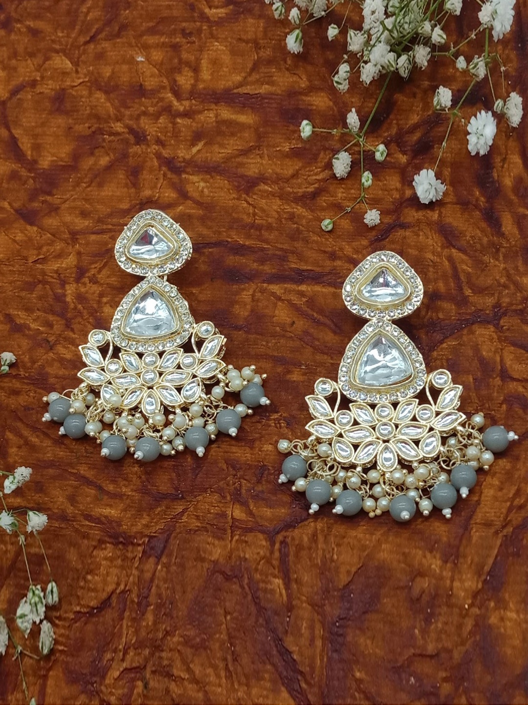 

AASHISH IMITATION Gold-Plated Kundan Studded & Pearls Beaded Drop Earrings, Grey