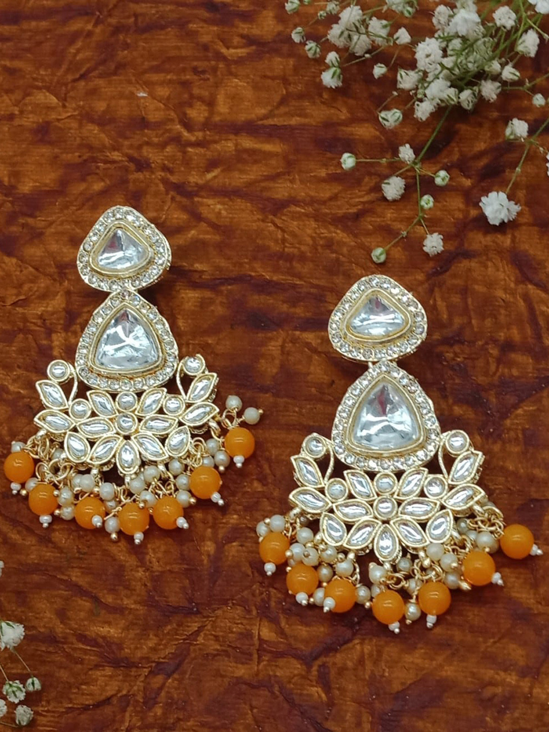 

AASHISH IMITATION Gold-Plated Kundan Studded & Pearls Beaded Drop Earrings, Orange