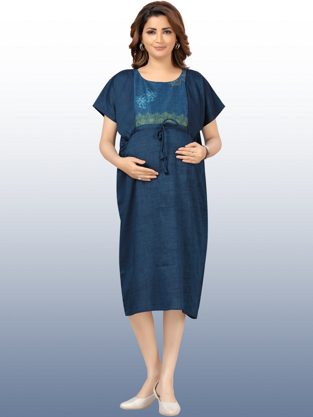 

CEE-18 Self Designed Yoke Maternity Kaftan Maxi Dress Cum Nighty, Blue