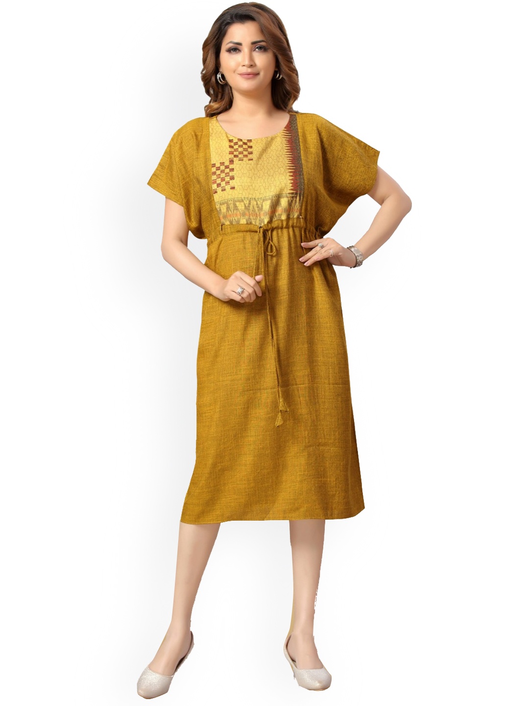 

CEE-18 Women Yoke Design Print Maternity Pure Cotton A-line Dress, Mustard