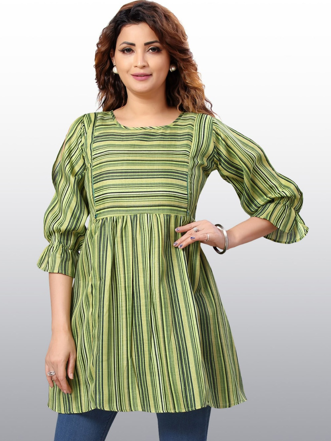 

CEE-18 Striped Maternity Feeding A-Line Tunic, Green