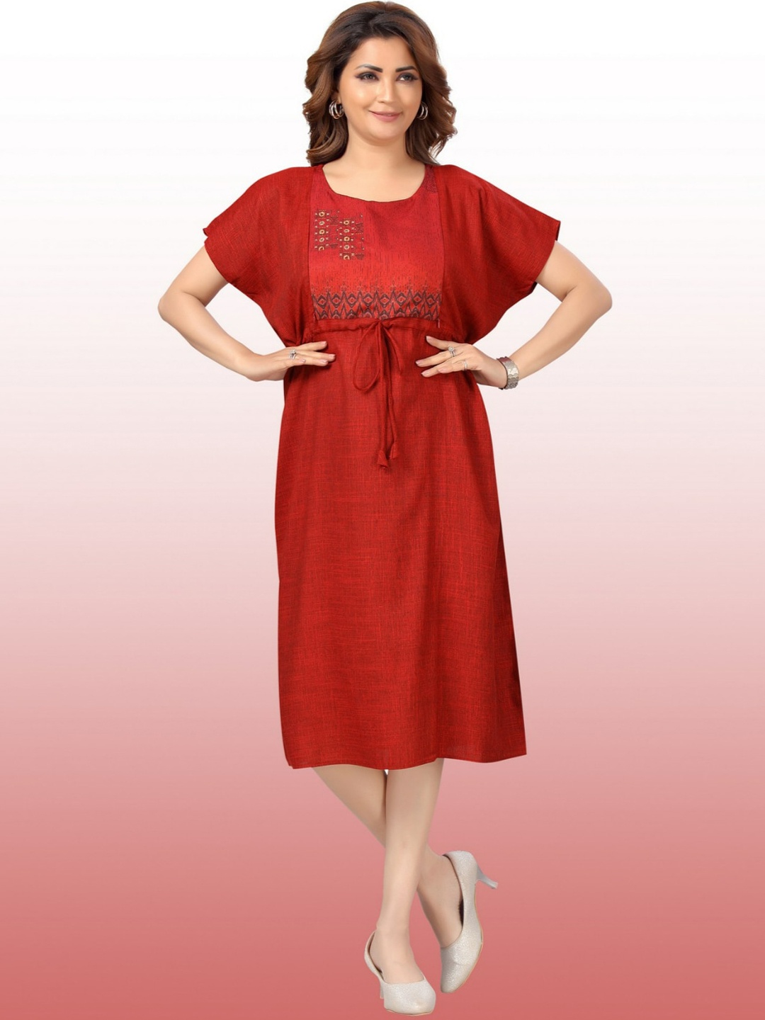 

CEE-18 Maternity Kaftan Maxi Dress Cum Nighty, Red