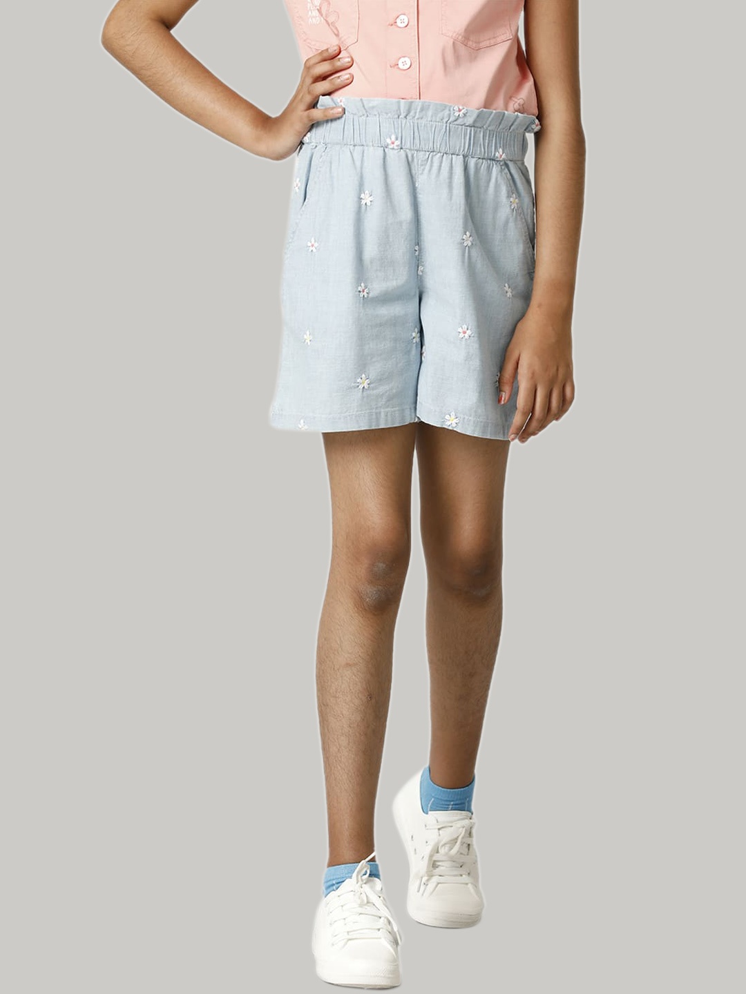 

UNDER FOURTEEN ONLY Girls Floral Printed Slim Fit Cotton Shorts, Blue