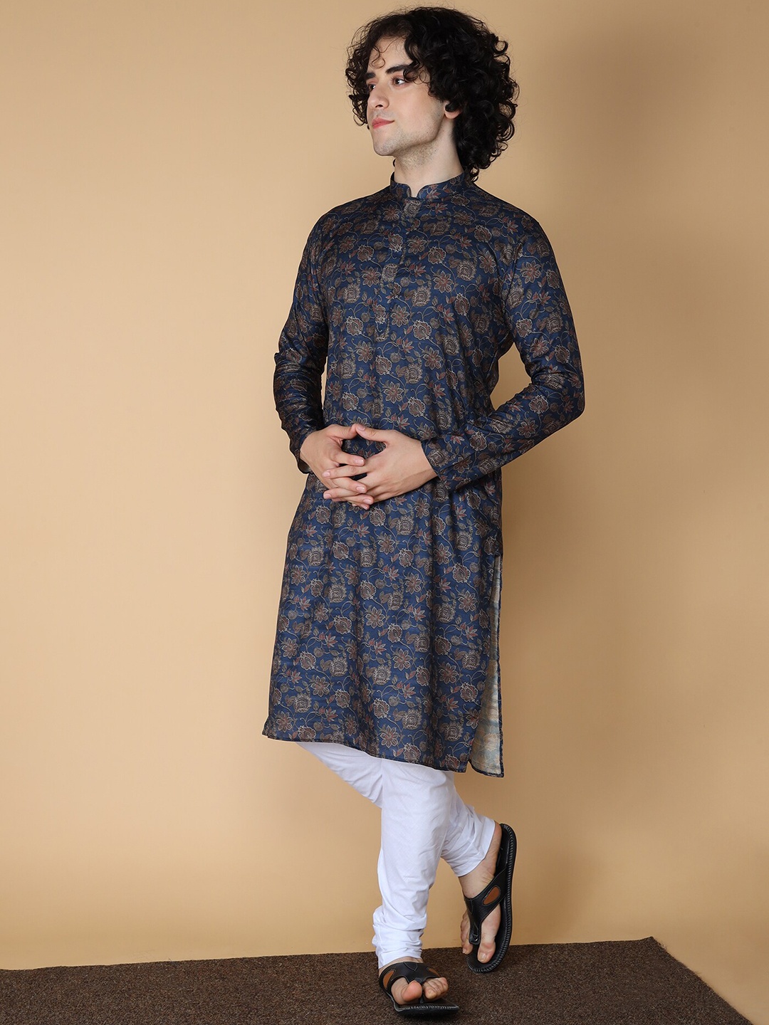 

NAMASKAR Men Navy Blue Printed Regular Pure Silk Kurta with Churidar