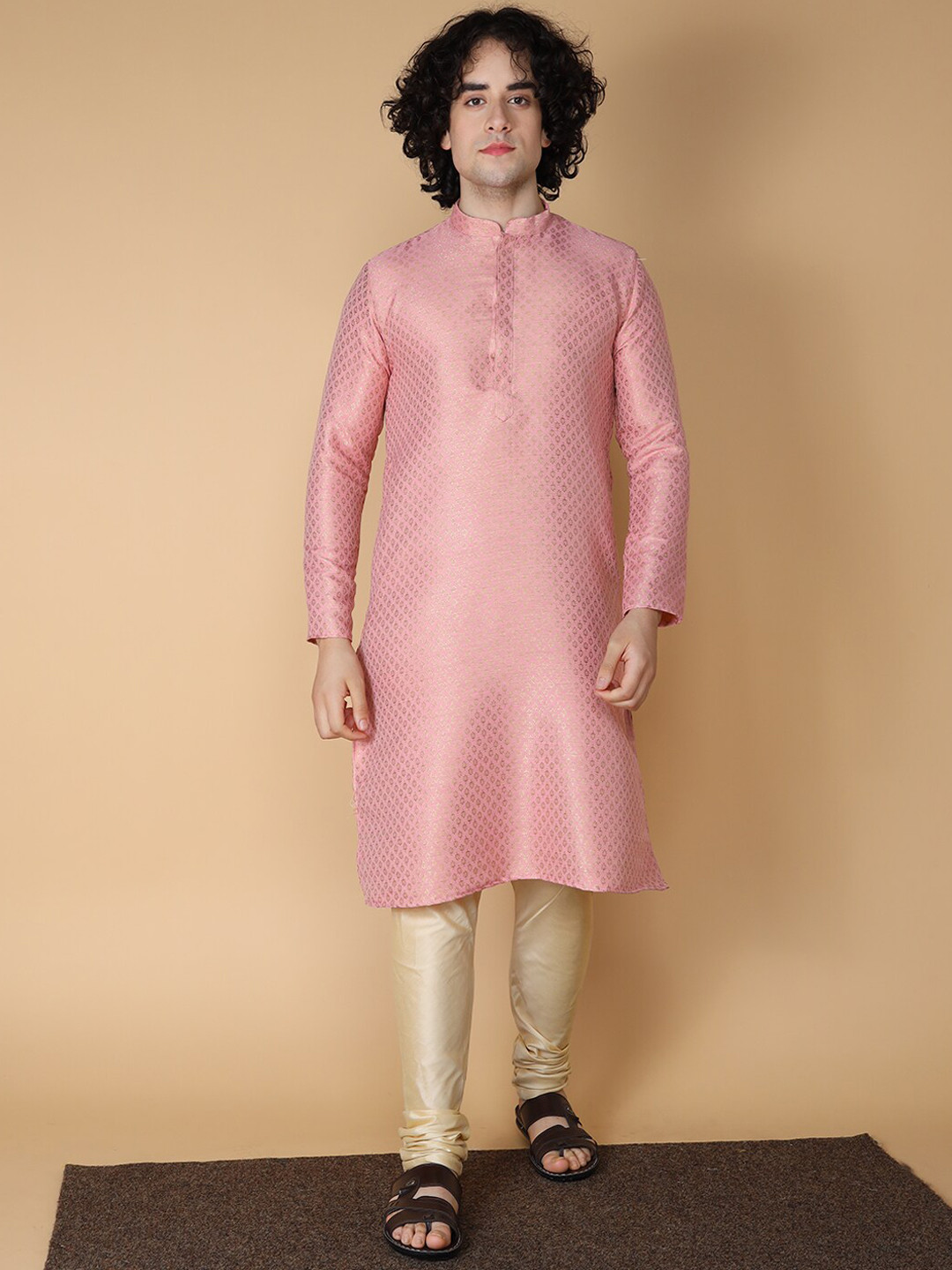 

NAMASKAR Men Pink Regular Pure Silk Kurta with Churidar