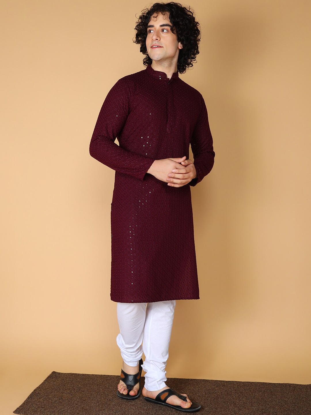 

NAMASKAR Men Brown Floral Regular Sequinned Chikankari Kurta with Churidar