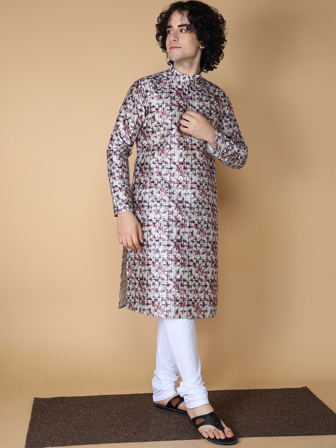 

NAMASKAR Men Off White Printed Regular Pure Silk Kurta with Churidar