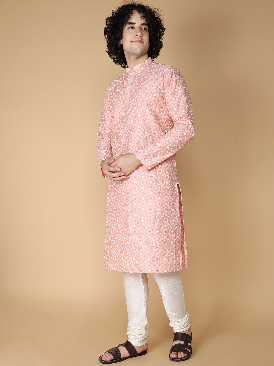 

NAMASKAR Men Pink Floral Embroidered Regular Pure Silk Kurta with Churidar