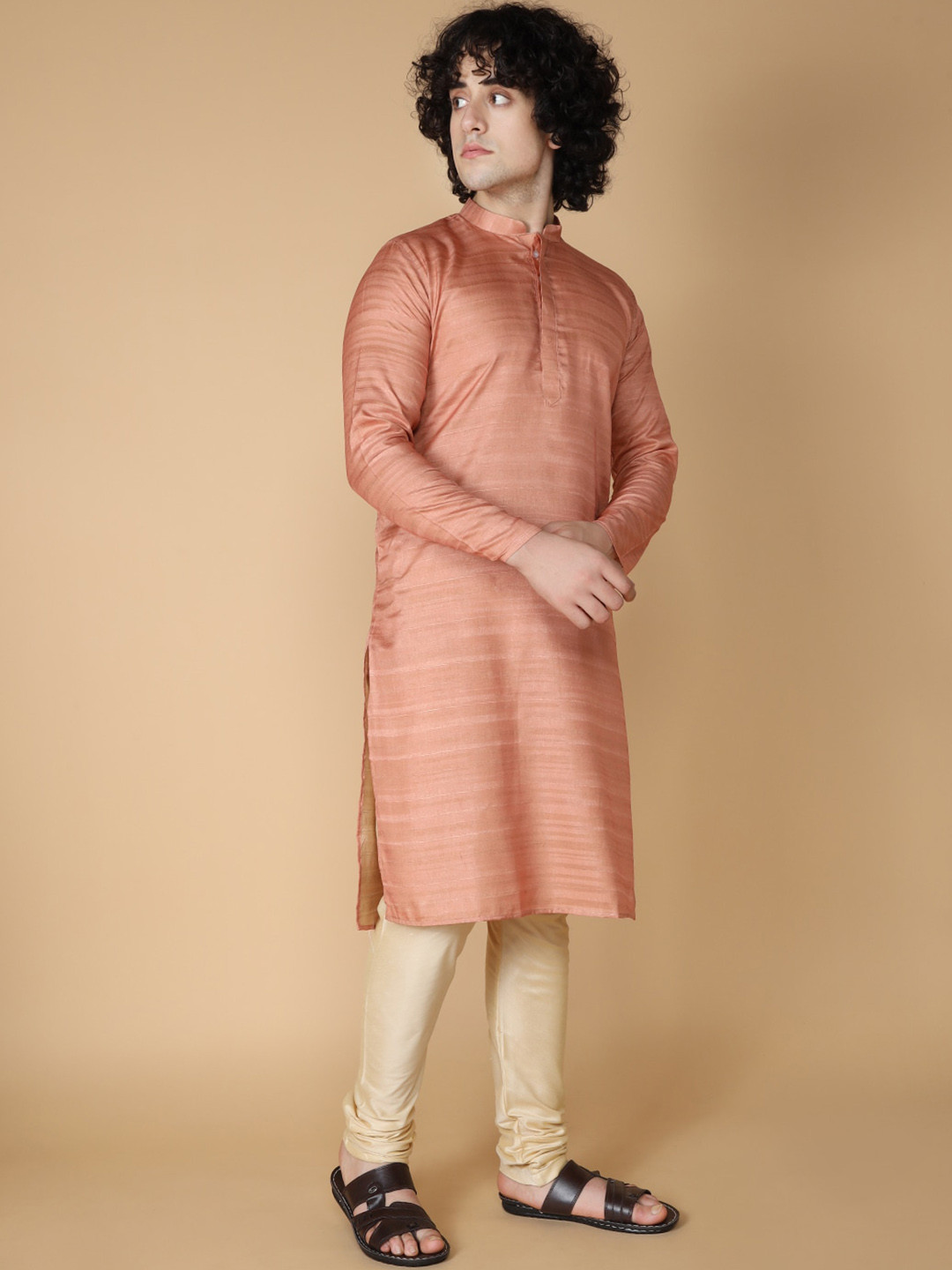 

NAMASKAR Striped Band Collar Long Sleeves Kurta With Churidar, Peach