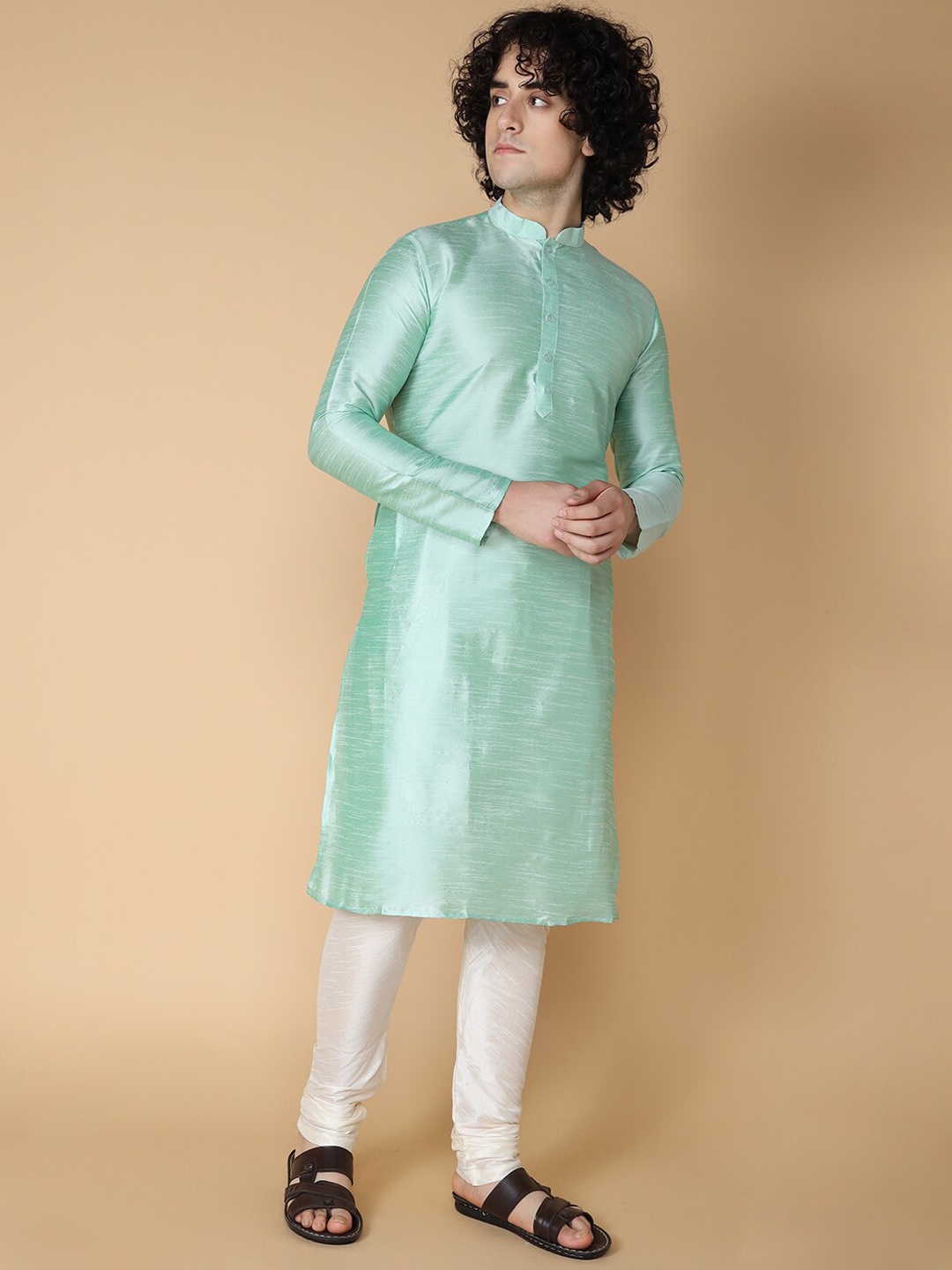 

NAMASKAR Men Green Regular Dupion Silk Kurta with Churidar