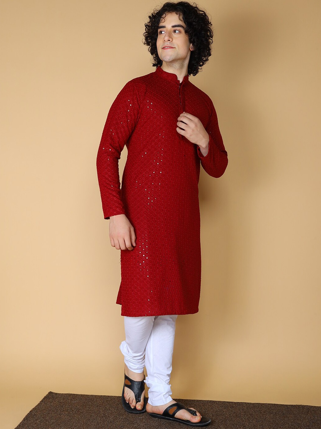

NAMASKAR Men Embroidered Regular Mirror Work Chikankari Kurta with Churidar, Maroon