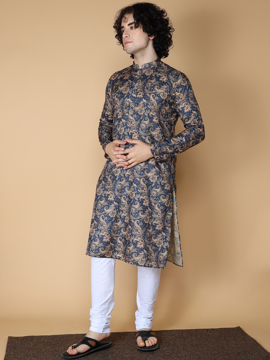 

NAMASKAR Men Navy Blue Printed Regular Pure Silk Kurta with Churidar