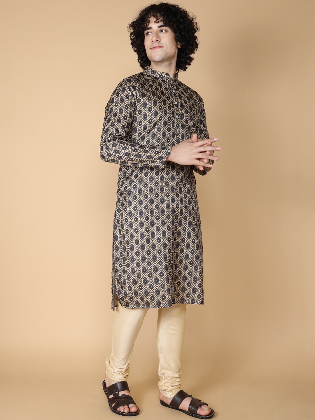 

NAMASKAR Men Black Printed Regular Pure Silk Kurta with Churidar