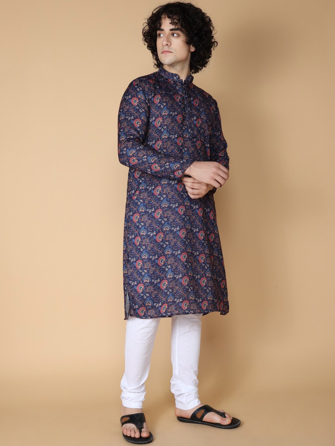 

NAMASKAR Men Navy Blue Floral Printed Regular Kurta with Churidar
