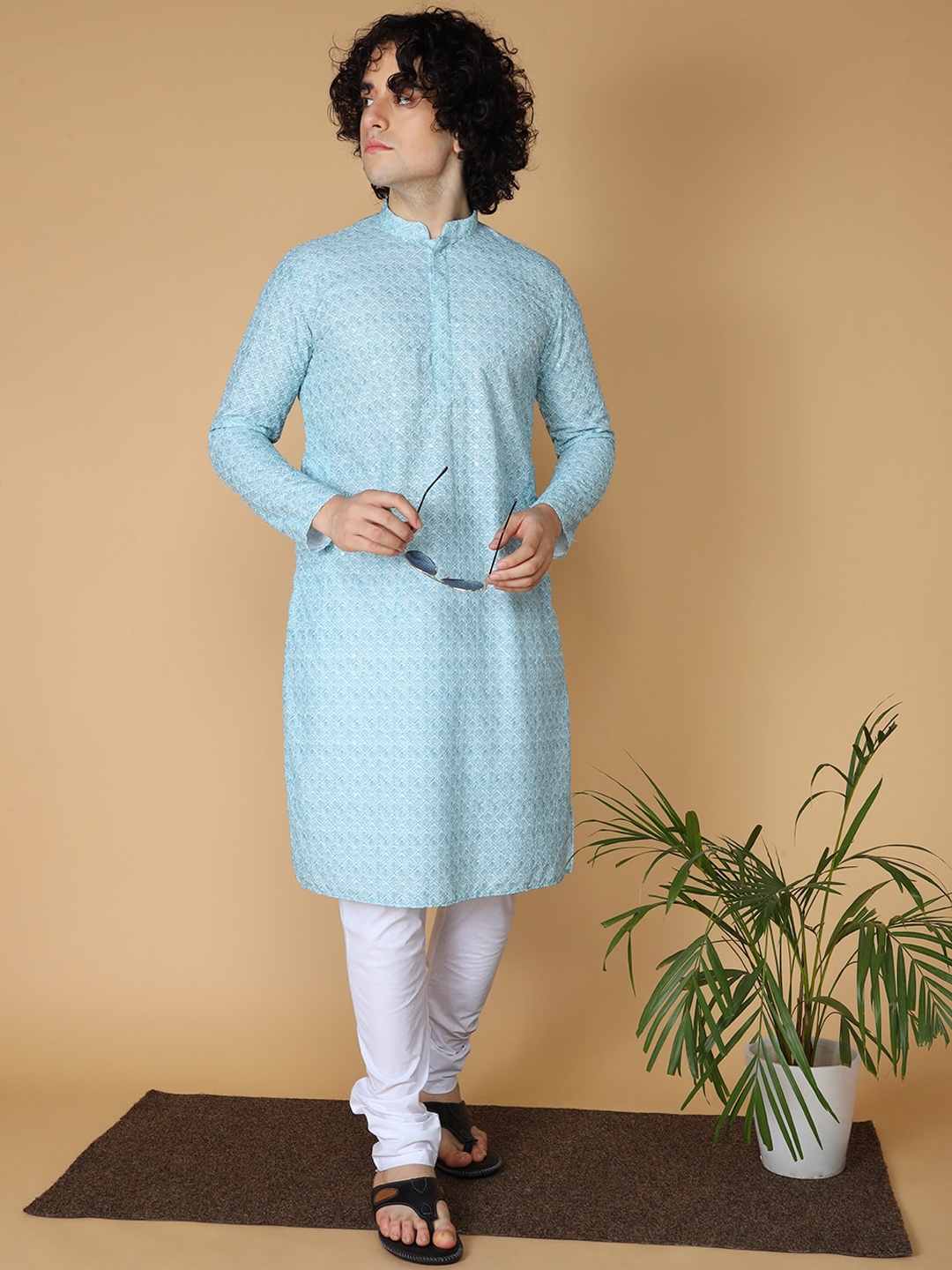 

NAMASKAR Ethnic Motifs Embroidered Pure Cotton Sequinned Chikankari Kurta With Churidar, Blue