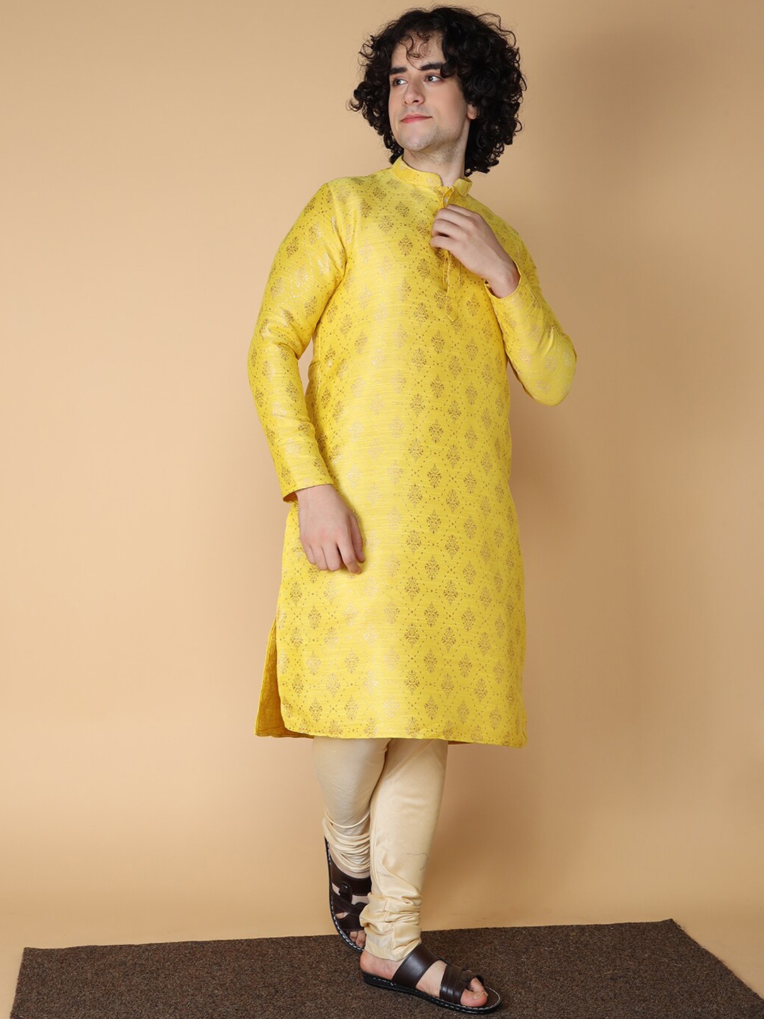 

NAMASKAR Ethnic Motifs Embroidered Thread Work Pure Silk Kurta With Churidar, Yellow