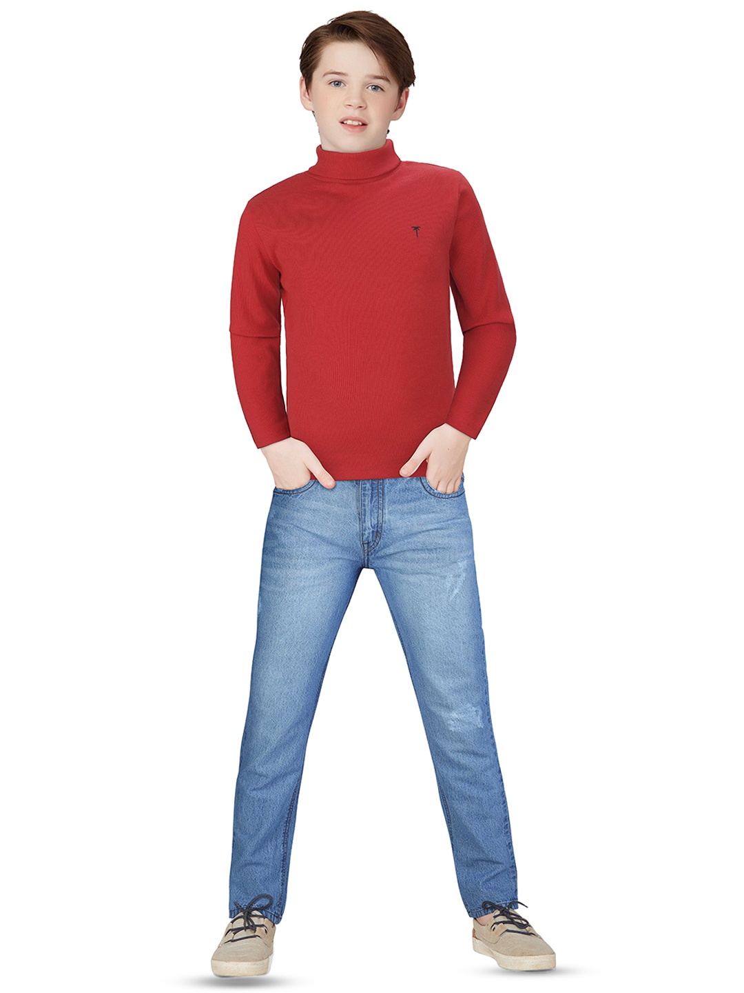

Palm Tree Boys High Neck Cotton T-shirt, Red