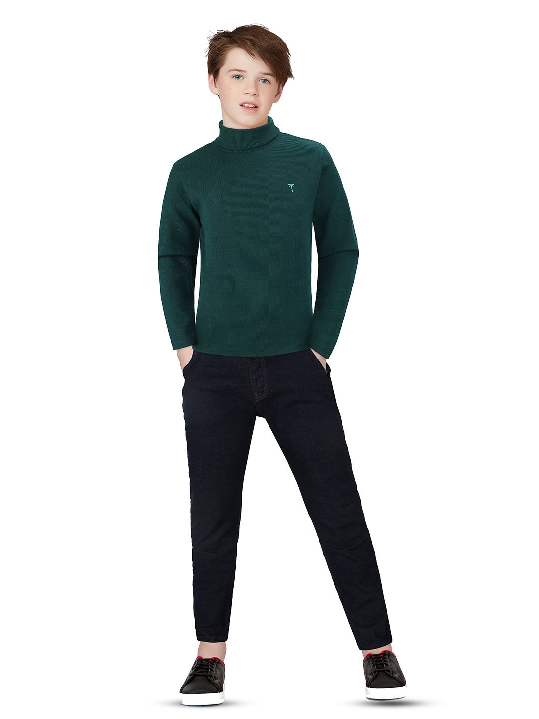 

Palm Tree Boys High Neck Long Sleeves Cotton T-shirt, Green